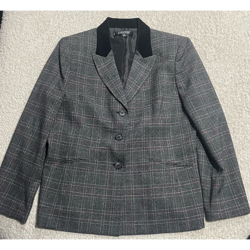 Kasper Womens Sz 14P Dark Academia Velvet Collar 2 Button Blazer Gray Black Red
